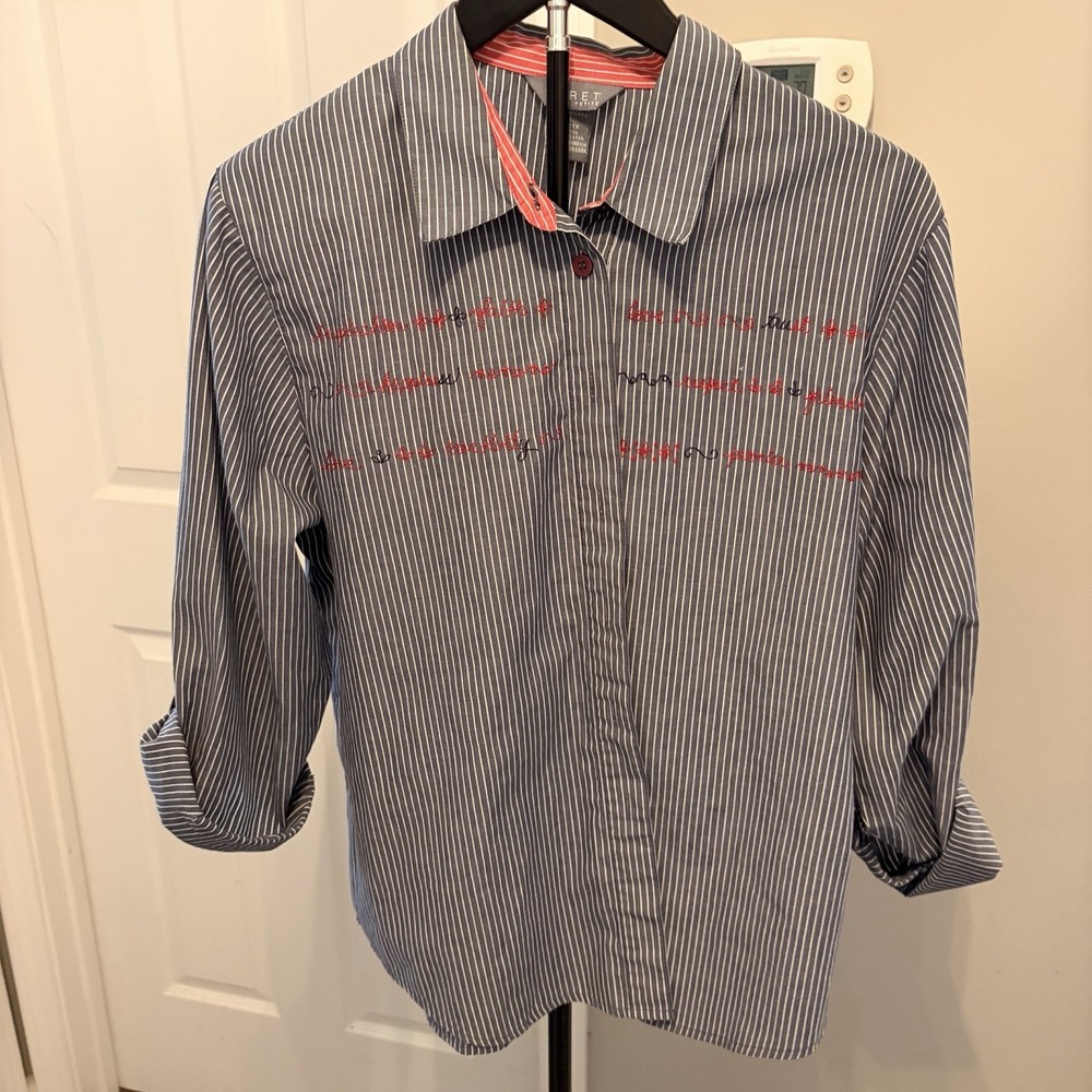 Vintage Koret Petites Blue & White‎ Striped Embroidered Button-Down Shirt PL 90s